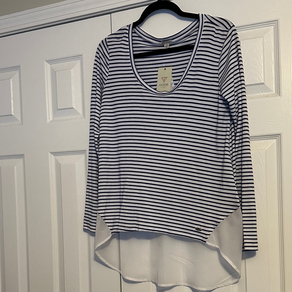 GUESS Women's Striped Navy and White Top